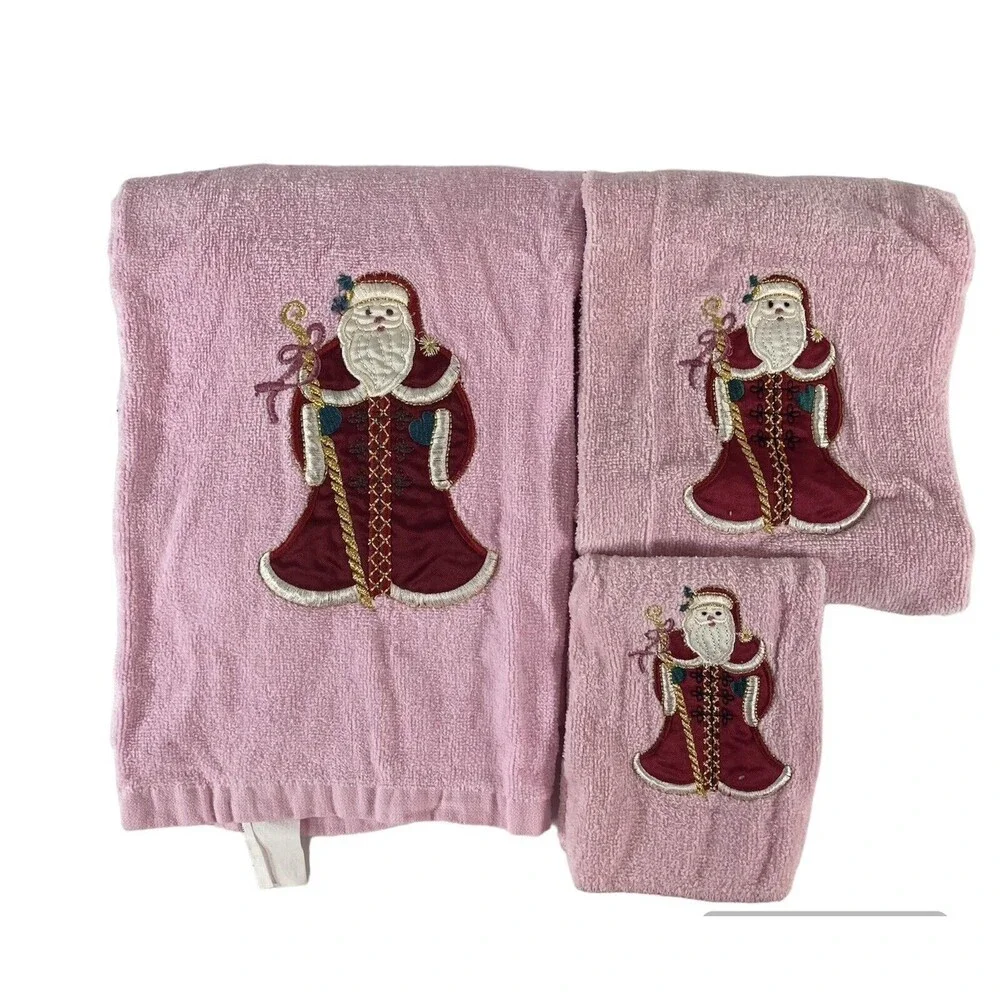 Vtg Christmas Santa Towels Pink Bath & Hand Towel & Washcloth Made In Thailand